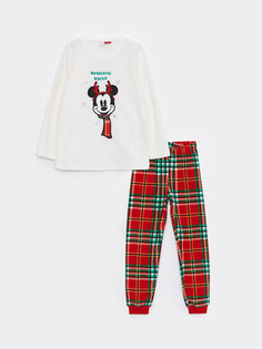 Флисовый пижамный комплект для девочек с круглым вырезом и вышивкой Микки Мауса и длинными рукавами LCW Kids