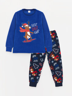 Флисовый пижамный комплект для мальчика с круглым вырезом и длинными рукавами на Новый год LCW Kids, яркий синий