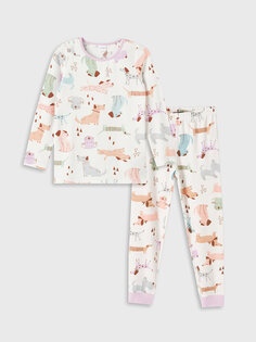 Флисовый пижамный комплект для девочки с круглым вырезом и длинными рукавами LCW Kids, кремовый принт