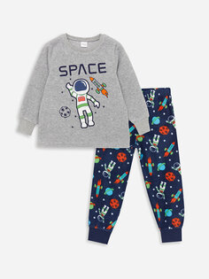 Флисовый пижамный комплект для мальчика с круглым вырезом и принтом, длинными рукавами LCW Kids