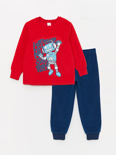 Флисовый пижамный комплект для мальчиков с круглым вырезом и длинными рукавами LCW Kids, яркий красный