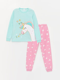 Флисовый пижамный комплект для девочки с круглым вырезом и длинными рукавами LCW Kids, пастельный синий