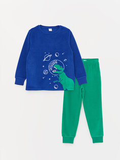 Флисовый пижамный комплект для мальчиков с круглым вырезом и длинными рукавами LCW Kids, яркий синий