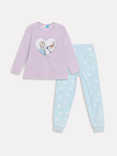 Флисовый пижамный комплект для девочек с круглым вырезом и принтом «Эльза» и длинными рукавами LCW Kids