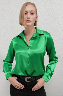 Женская темно-зеленая рубашка из атласа с легкой драпировкой HZL22W-BD139641 hazelin