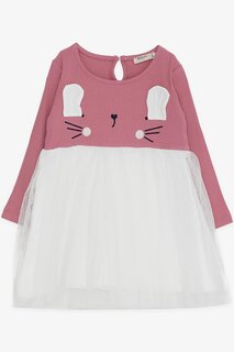 Платье с длинным рукавом для девочки «Пыльная роза» с вышивкой котенка (1,5-5 лет) Breeze
