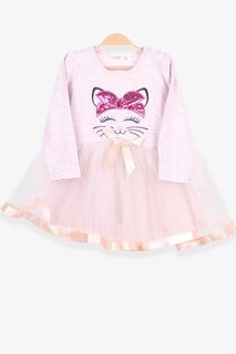 Платье с длинными рукавами для девочек, вышивка кота, пайетки, бежевый меланж (1,5–5 лет) Breeze