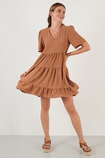 Мини-платье с V-образным вырезом и широким вырезом с короткими рукавами 6053632 Lela, коричневый