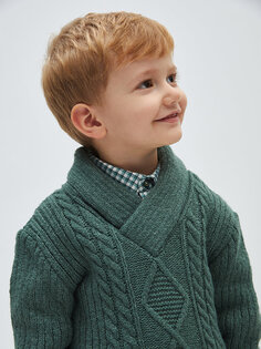 Плетеный вязаный свитер для маленьких мальчиков с шалевым воротником и узором LCW baby, средне-зеленый