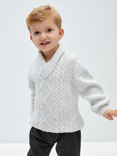 Плетеный вязаный свитер для маленьких мальчиков с шалевым воротником и узором LCW baby, белоснежный меланж