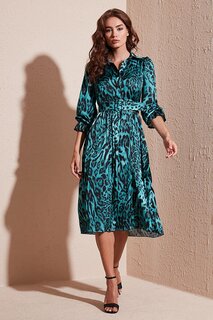 Плиссированное платье миди с леопардовым узором и поясом на рукавах 611EL201 Lela, синий