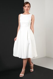 Плиссированное платье-миди с круглым вырезом и карманами 6051963 Lela, экрю