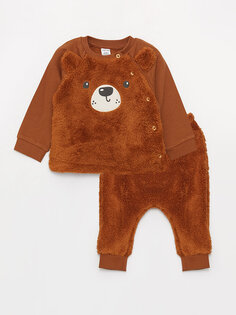 Плюшевая толстовка и спортивные штаны для маленьких мальчиков с круглым вырезом и длинными рукавами LCW baby, светло-коричневый