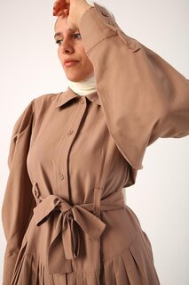 Молочно-коричневое платье-рубашка с поясом и объемными рукавами ALL DAY