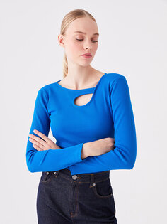 Женская футболка с длинным рукавом и круглым вырезом, украшенная окном LC WAIKIKI, синий