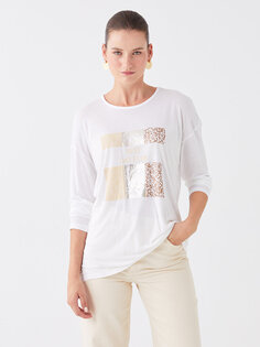 Женская футболка с длинным рукавом с круглым вырезом и принтом LCW ECO, оптический белый