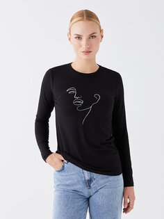 Женская футболка с длинным рукавом с круглым вырезом и принтом LCWAIKIKI Classic, новый черный