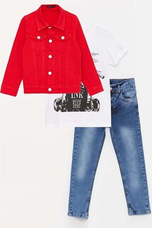 Футболка с принтом для мальчиков, куртка на пуговицах спереди, красный джинсовый комплект с верхом снизу, 3–12 лет Riccotarz