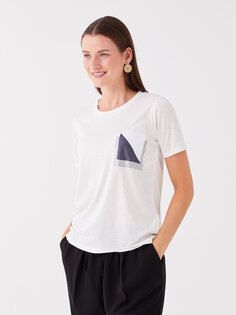 Женская футболка с коротким рукавом с круглым вырезом и принтом LC WAIKIKI, оптический белый