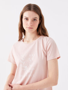 Женская футболка с коротким рукавом с круглым вырезом и принтом LCWAIKIKI Classic, матовый розовый