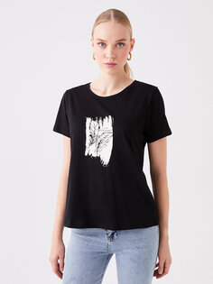 Женская футболка с коротким рукавом с круглым вырезом и принтом LCWAIKIKI Classic, новый черный