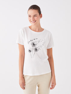 Женская футболка с коротким рукавом с круглым вырезом и принтом LCWAIKIKI Classic, экрю