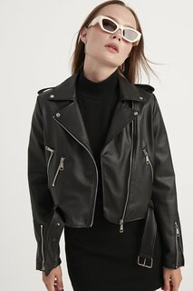Женская черная кожаная куртка на молнии с деталями MEECY
