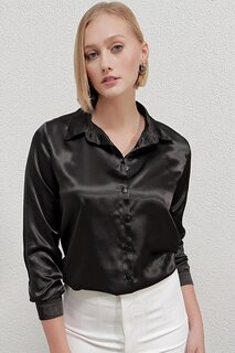 Женская черная атласная рубашка с легкой драпировкой HZL22W-BD139641 hazelin