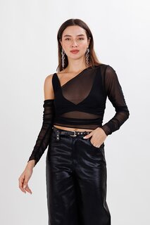 Женская черная блузка-бюстье из тюля с асимметричным воротником ECROU