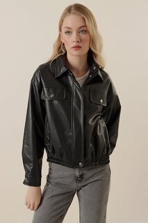 Женская черная короткая куртка из искусственной кожи с карманами на подкладке HZL23W-BD110331 hazelin