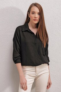 Женская черная рубашка оверсайз с низкими плечами и карманами Z Giyim