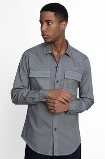 Приталенная мужская рубашка из денима с длинными рукавами и металлическими пуговицами с двойным карманом и клапаном TUDORS