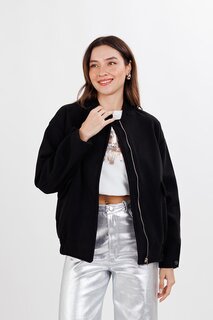 Женская черная куртка-бомбер на подкладке с воротником-стойкой и эластичной резинкой на талии ECROU