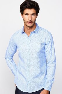Приталенная хлопковая рубашка узкого кроя с узором, легко гладкая, синяя мужская рубашка TUDORS