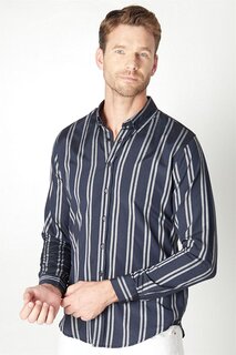 Приталенная хлопковая мужская рубашка в полоску, которую легко гладить, темно-синяя TUDORS