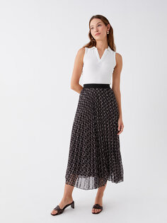 Женская шифоновая юбка со складками с рисунком и эластичной резинкой на талии LCWAIKIKI Classic, черный с принтом