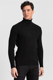 Приталенный мужской черный свитер с высоким воротником и вязаным узором TUDORS