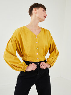 Простая женская блузка из вискозы с V-образным вырезом и длинными рукавами LCW Vision