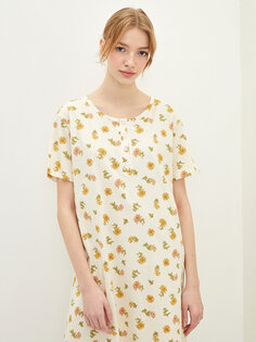 Хлопковая женская ночная рубашка с круглым вырезом и цветочным принтом с короткими рукавами LCW DREAM