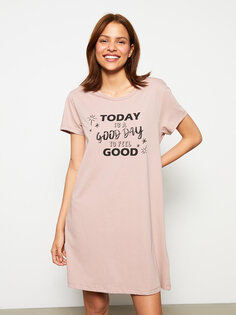 Хлопковая женская ночная рубашка с коротким рукавом и круглым вырезом с принтом LCW DREAM, матовый розовый