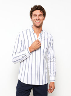 Мужская рубашка из поплина в полоску с длинным рукавом стандартного кроя LCWAIKIKI Classic, белый полосатый