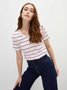 Хлопковая женская футболка в полоску с V-образным вырезом и короткими рукавами LCWAIKIKI Basic, красный полосатый