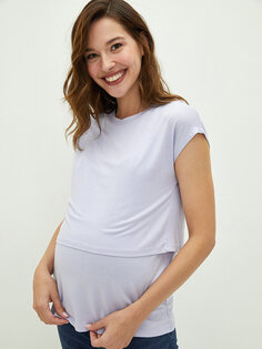 Простая блузка для беременных с круглым вырезом и короткими рукавами с функциями для кормления грудью LCWAIKIKI Maternity