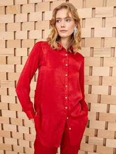 Простая атласная женская рубашка-туника с длинным рукавом LCW Modest, красный