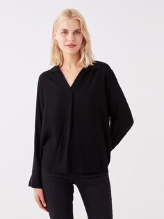 Простая женская блузка большого размера с воротником рубашки и длинными рукавами LCW Casual