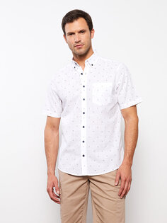 Мужская рубашка из поплина с коротким рукавом стандартного кроя с рисунком LCWAIKIKI Classic, белый печатный
