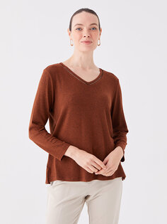 Простая женская блузка с V-образным вырезом и длинными рукавами LCW Grace, коричневый