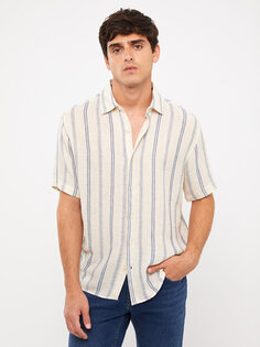 Мужская рубашка из смесового льна в полоску с коротким рукавом стандартного кроя LCW Casual, синие полосы