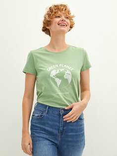 Хлопковая женская футболка с коротким рукавом с круглым вырезом и принтом LCW Casual, сизый