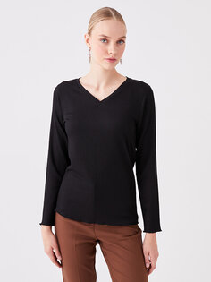 Простая женская блузка с V-образным вырезом и длинными рукавами LCWAIKIKI Classic, новый черный